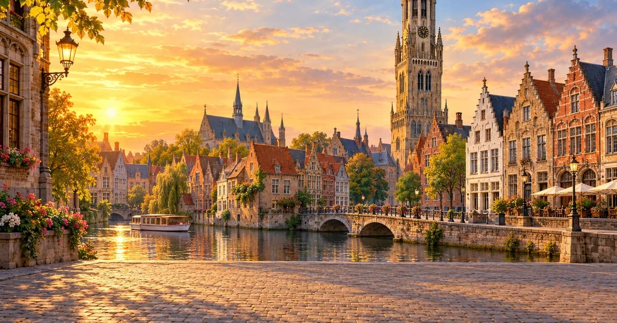 Illustration of a Flemish market square with a medieval belfry and stepped gables