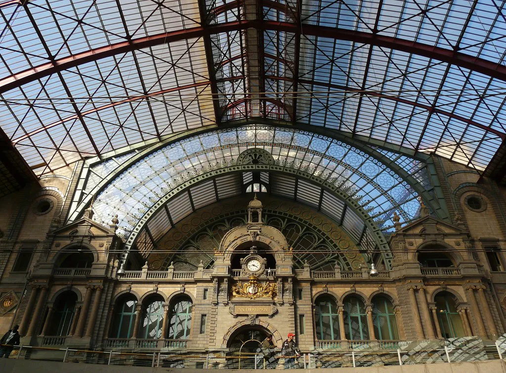 The glass-and-iron train shed of Antwerp Central Station, known as the railway cathedral.