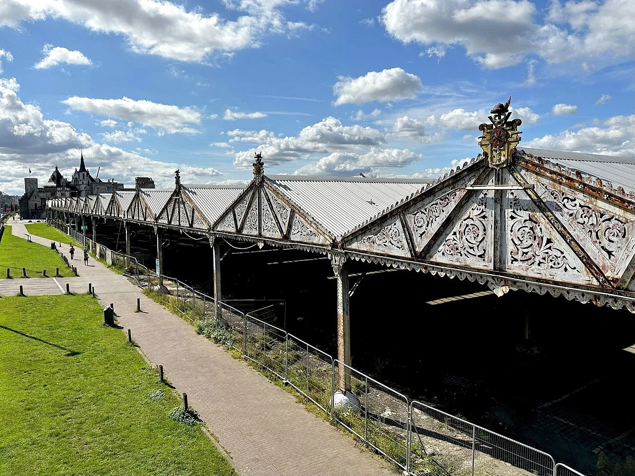 Historic hangars along the Scheldt quays in Antwerp.