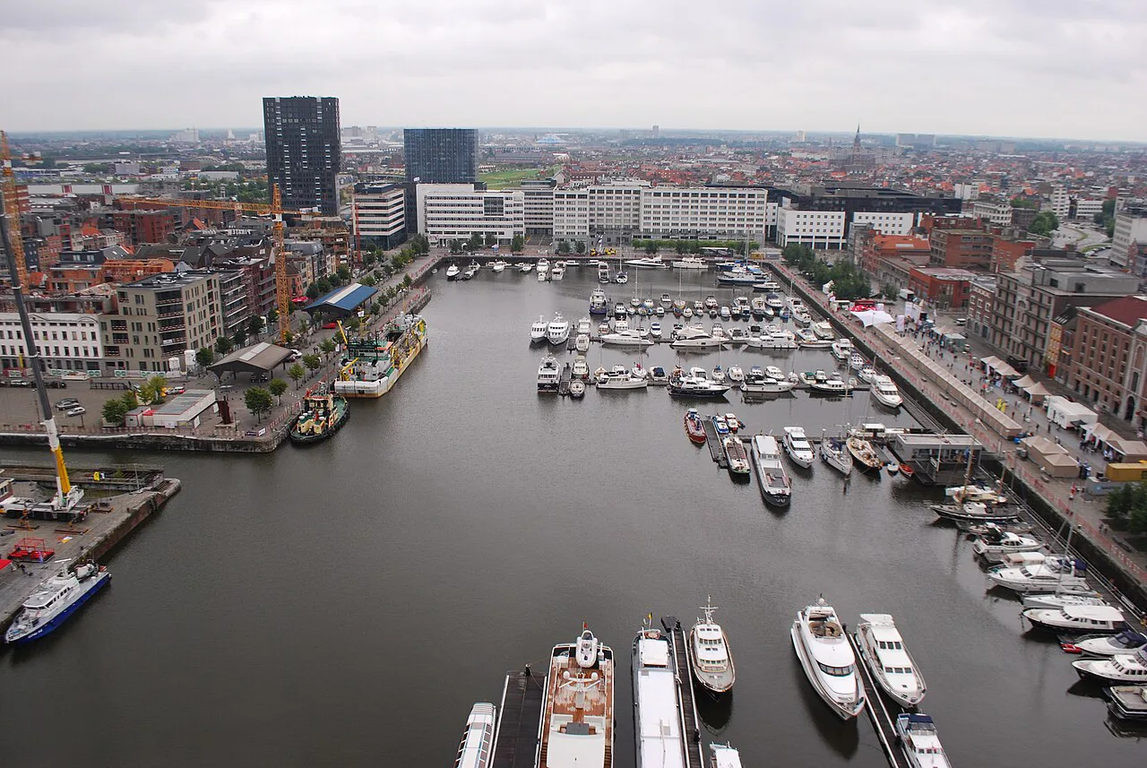 Boats moored in the Willemdok marina in Antwerp.