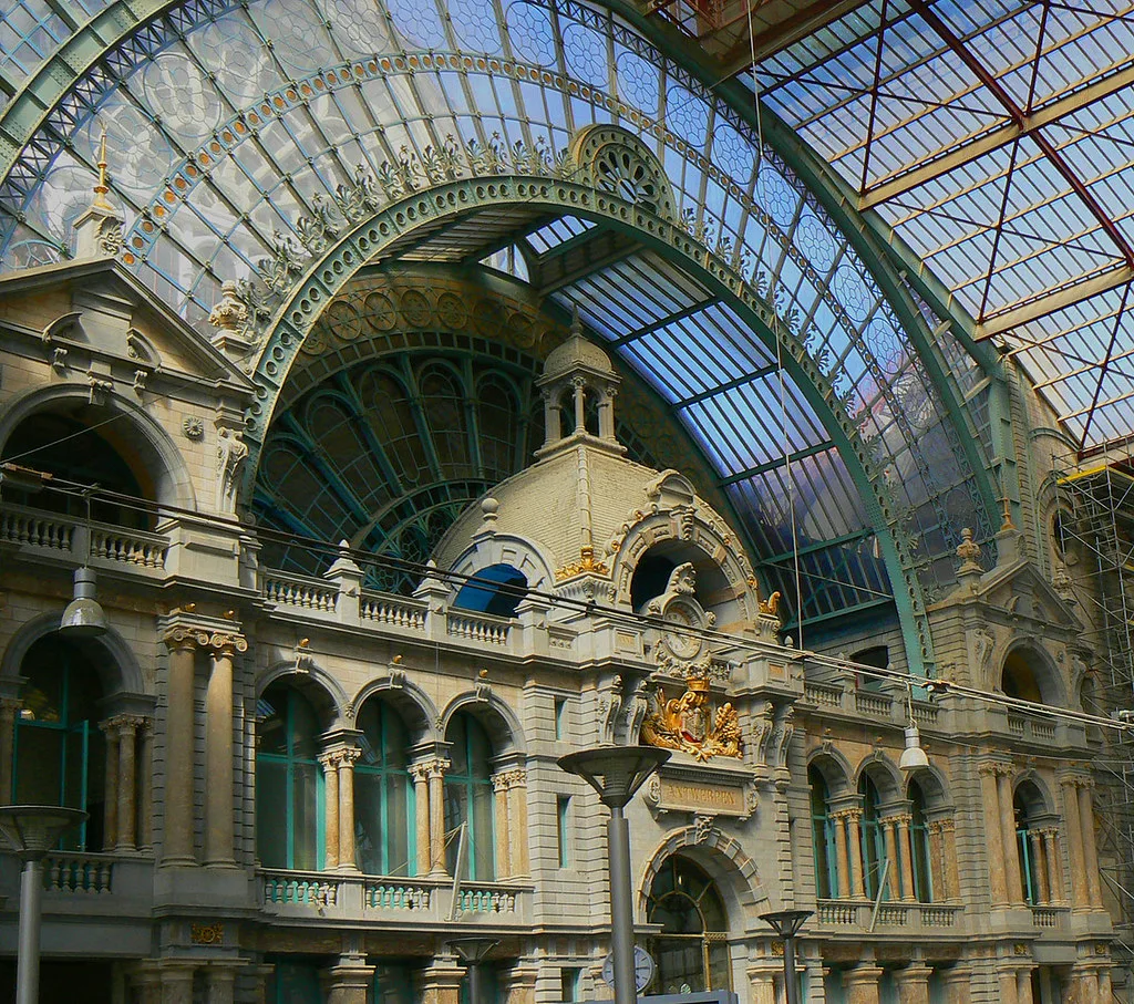 The ornate glass-and-iron hall of Antwerp Central Station.