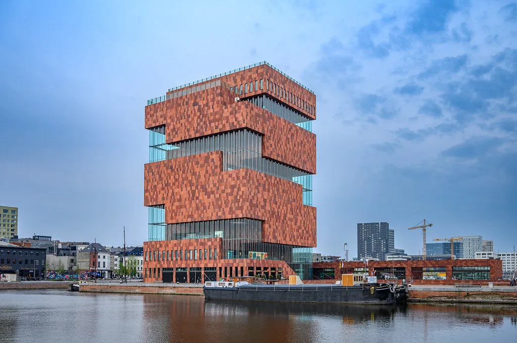 The MAS museum building on the Eilandje waterfront in Antwerp.