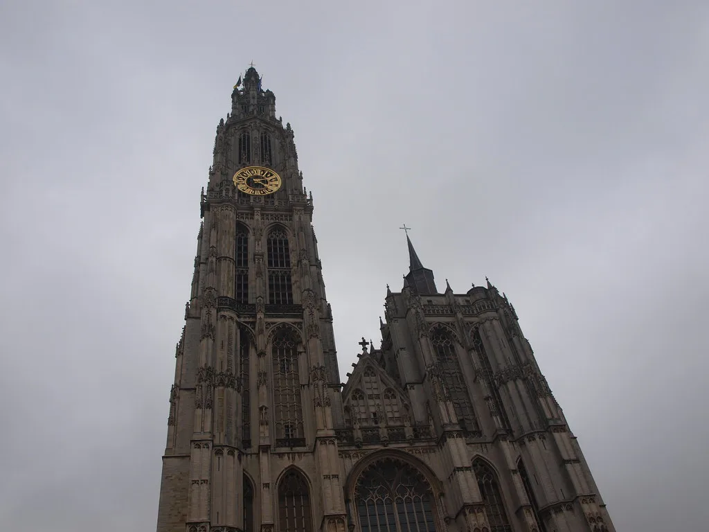 The cathedral tower under a grey sky, Antwerp.