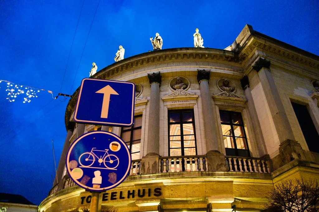 The Bourla Theatre lit at dusk, Antwerp.