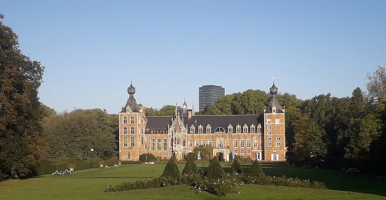 Arenberg Castle across the lawns of its park, Heverlee, Leuven.