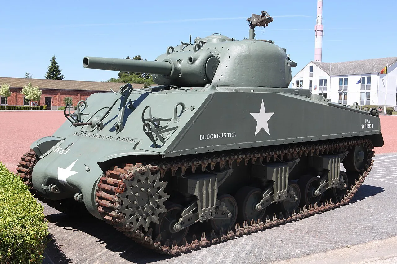 An M4 (105) Sherman tank at Bastogne Barracks, Bastogne.
