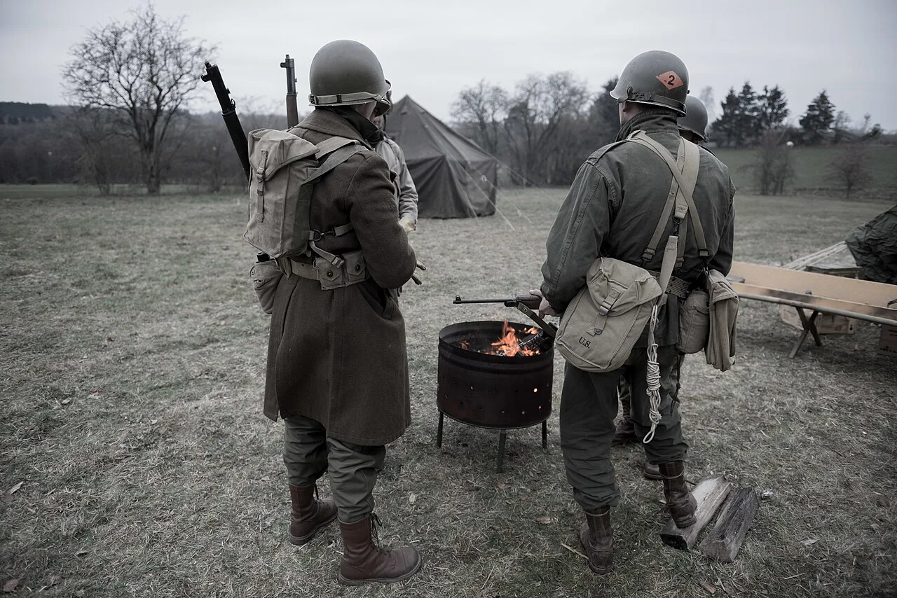 Second World War re-enactors at a camp beside the Bastogne War Museum.