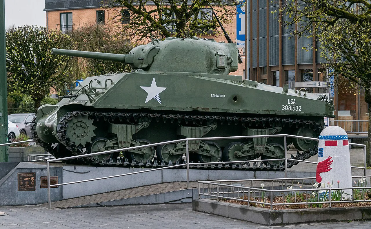 The Sherman tank memorial on Place McAuliffe in Bastogne.