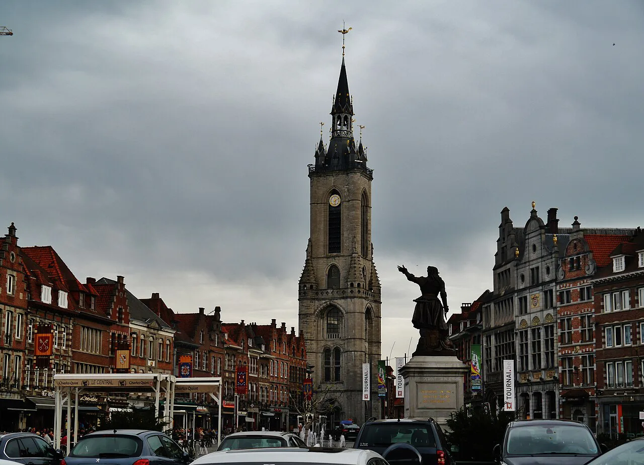 The belfry rising over the Grand-Place in Tournai.