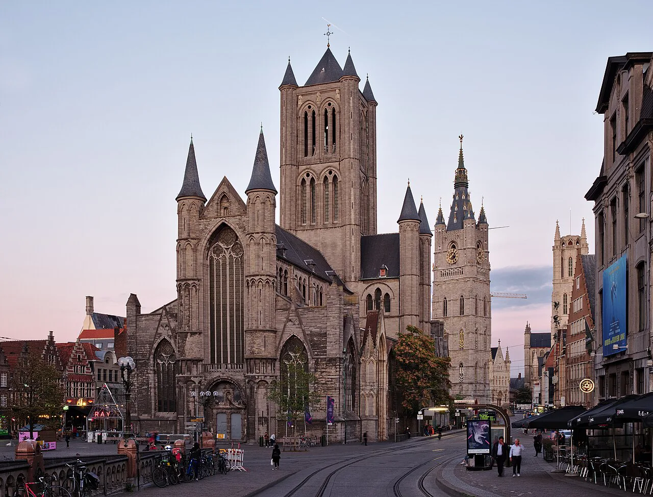 St Nicholas' Church and the Belfry of Ghent at dusk.