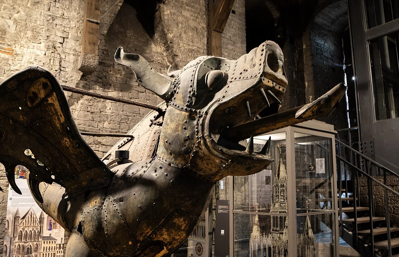 The gilded dragon from the Belfry of Ghent on display inside the tower.