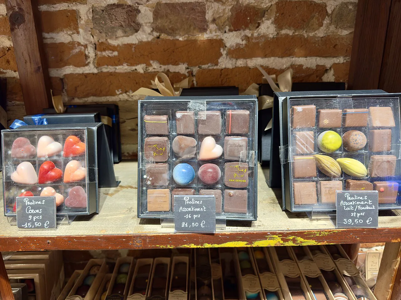 Boxes of pralines on display in a Brussels chocolate shop.