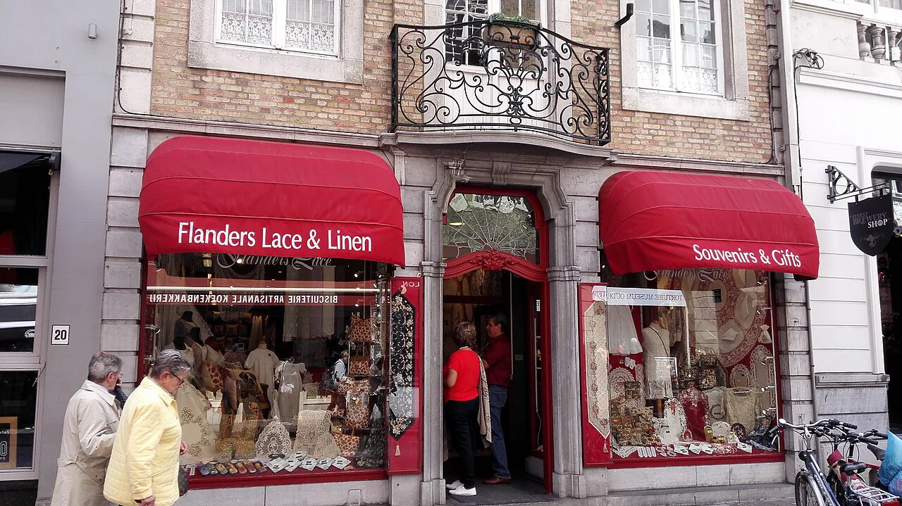 A lace and souvenir shop on Wollestraat in Bruges.