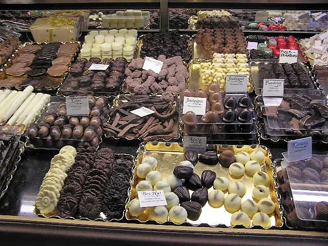 Trays of pralines on display in a chocolate shop in Antwerp.