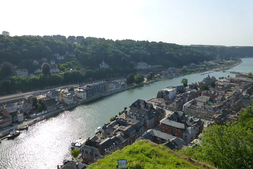 Dinant and the River Meuse seen from the heights above the town.
