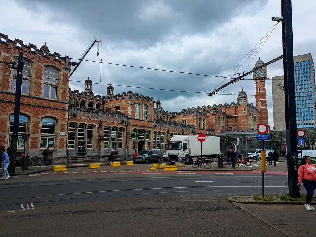 The brick station building of Gent-Sint-Pieters, Ghent's main railway station.