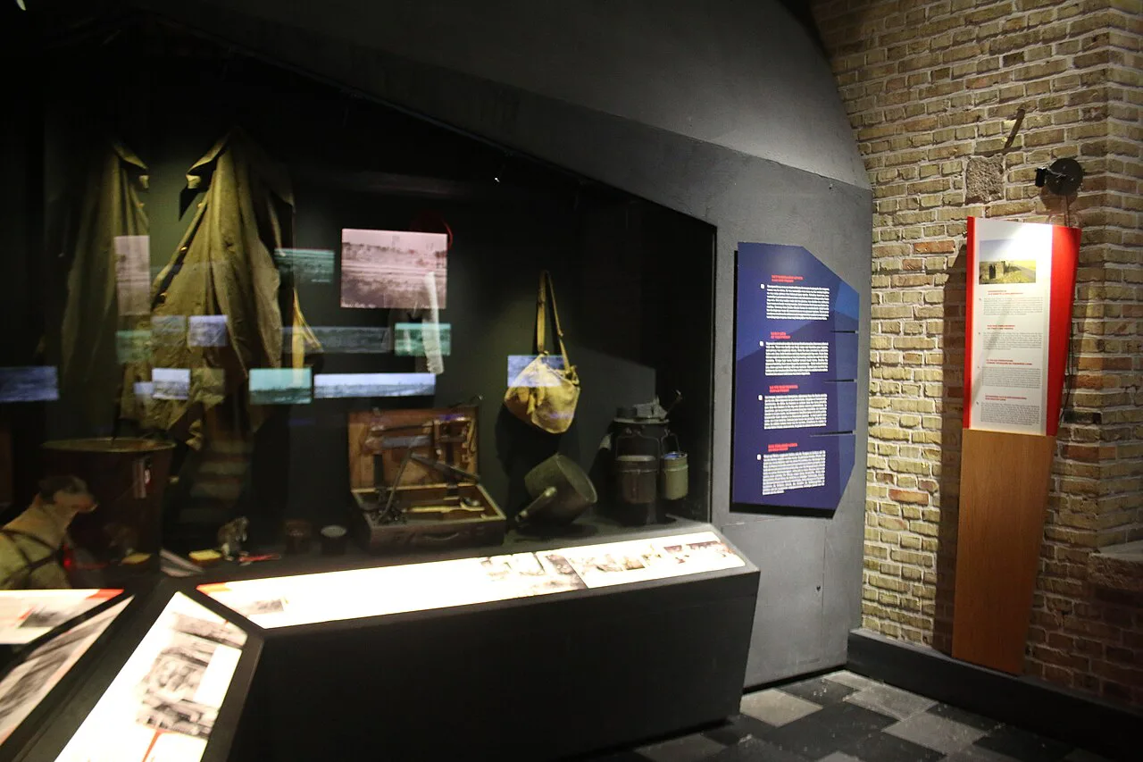 Soldiers' equipment in a display case at the In Flanders Fields Museum, Ypres.