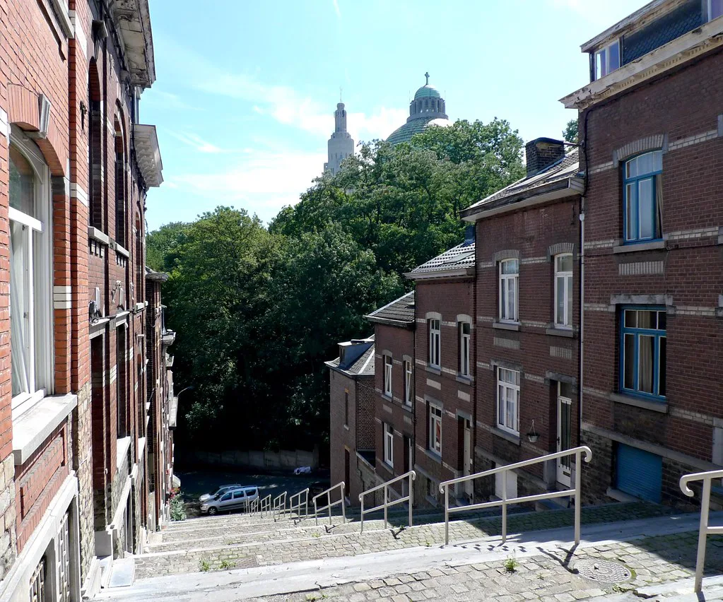 A long flight of steps climbing between brick houses in Liège.