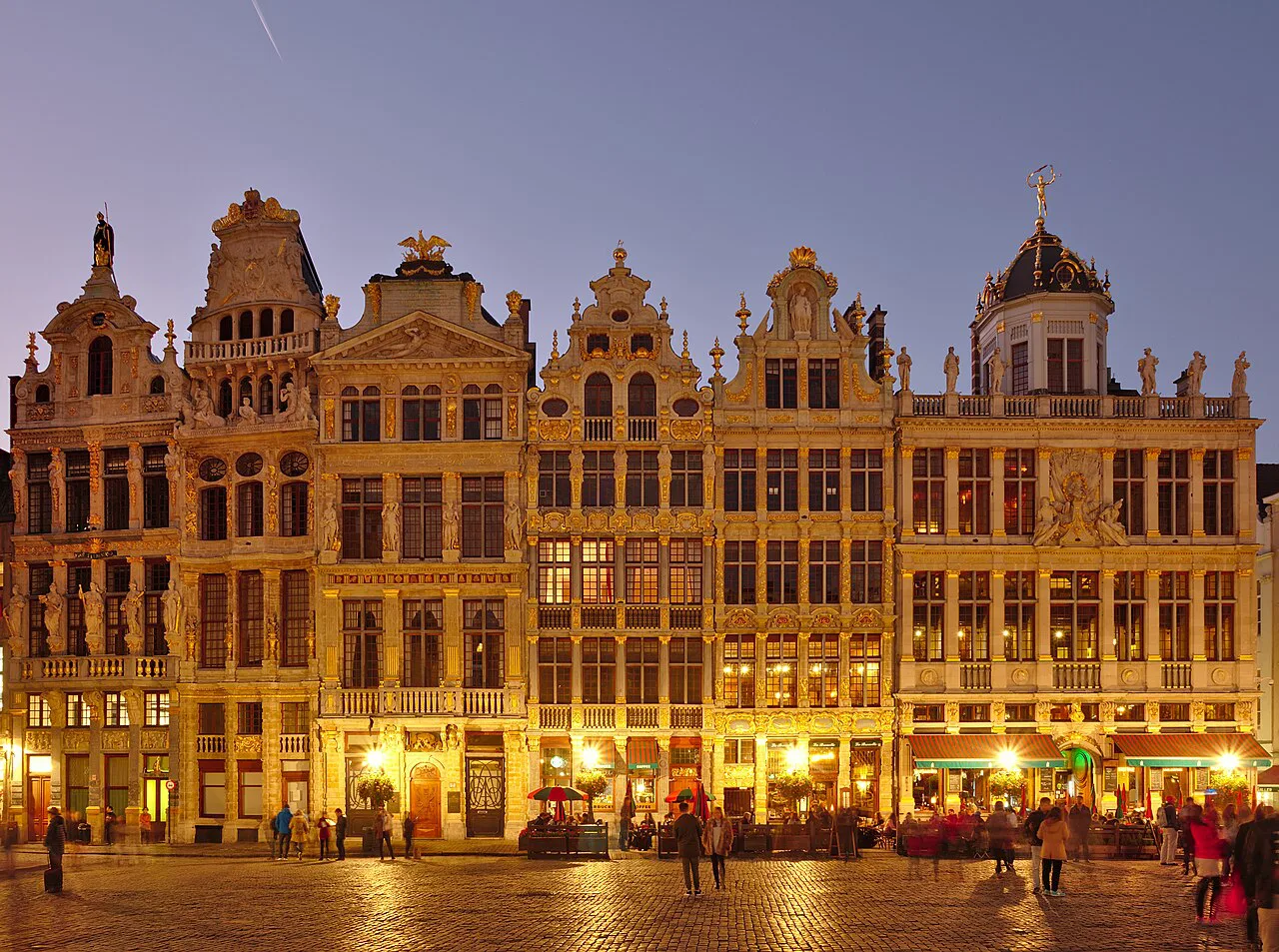 Guild houses on the Grand-Place at twilight, Brussels.