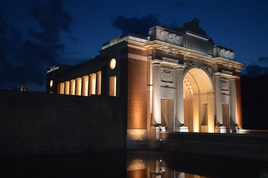 The Menin Gate lit up at dusk, Ypres.