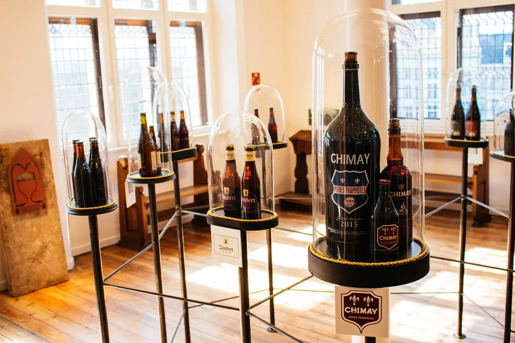 Belgian beer bottles displayed at the Bruges Beer Experience.