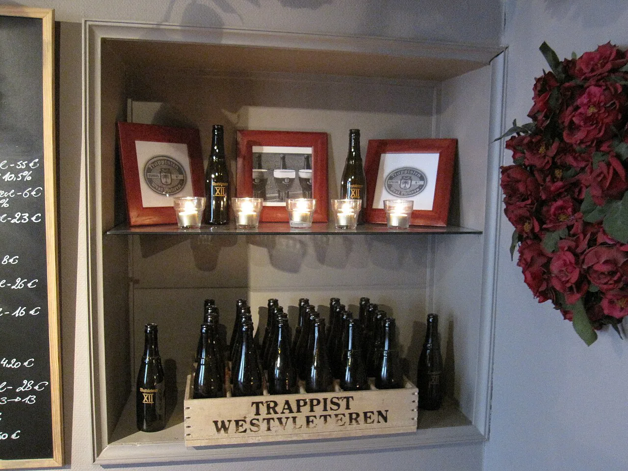 Westvleteren bottles on a shelf at a beer café in Bruges.
