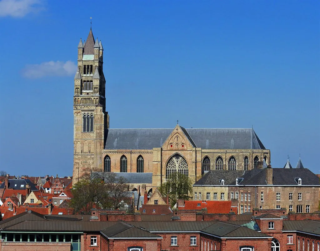 Saint Saviour's Cathedral rising above the rooftops of Bruges.