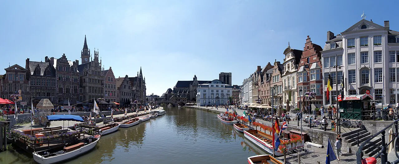 The Graslei and Korenlei waterfront panorama, Ghent.