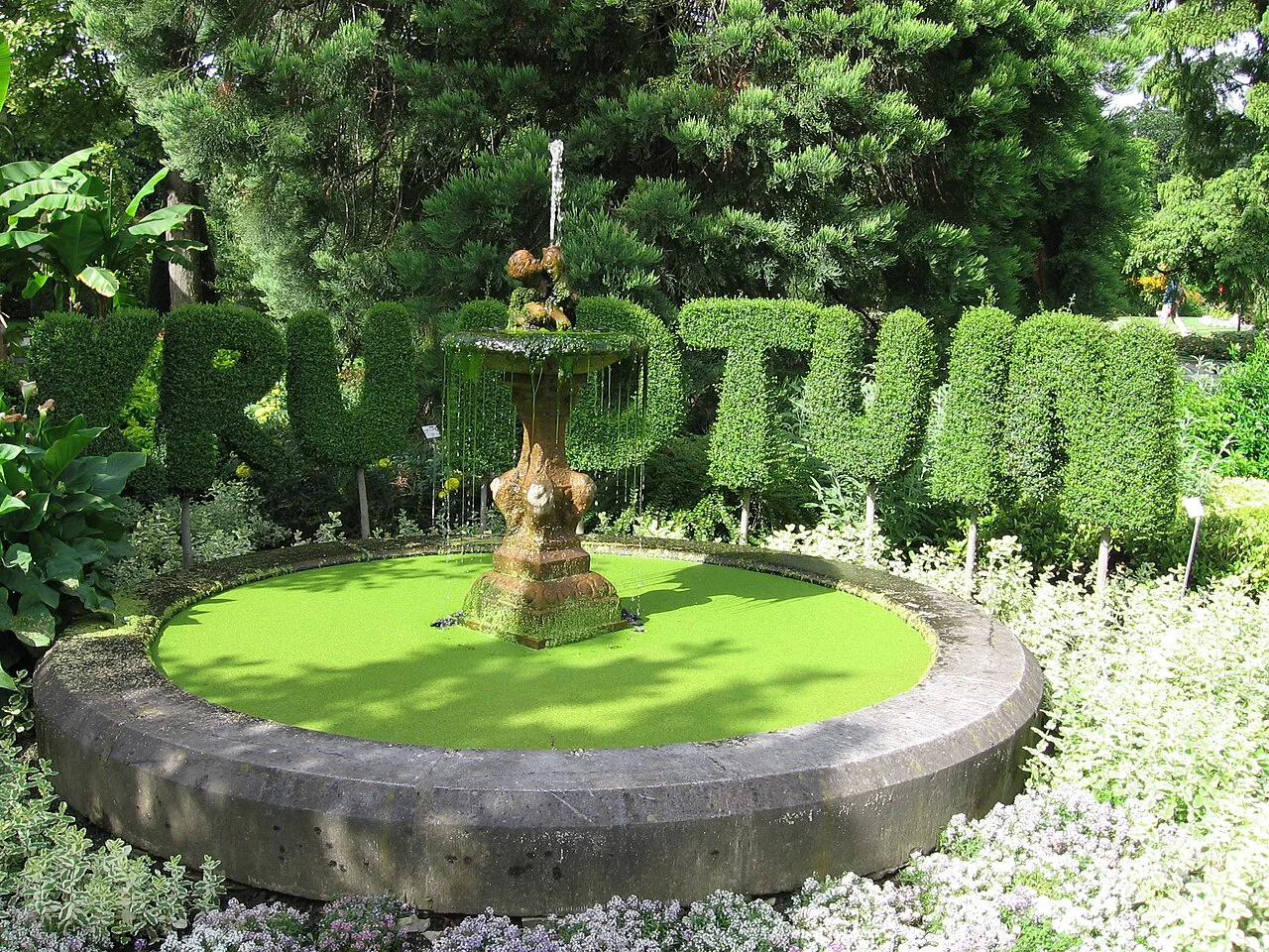 A fountain and clipped hedge lettering at the Kruidtuin botanical garden, Leuven.
