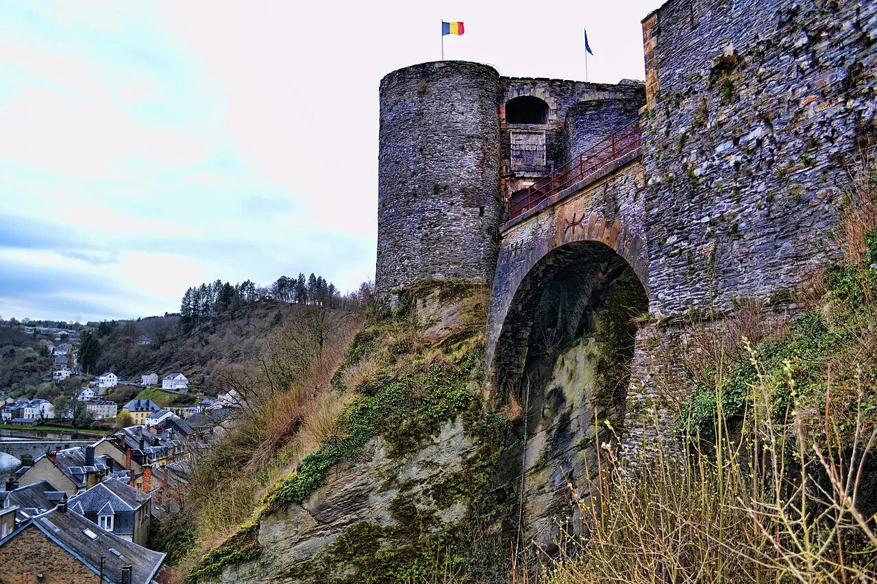 The towers of Bouillon Castle rising above the town, Bouillon.