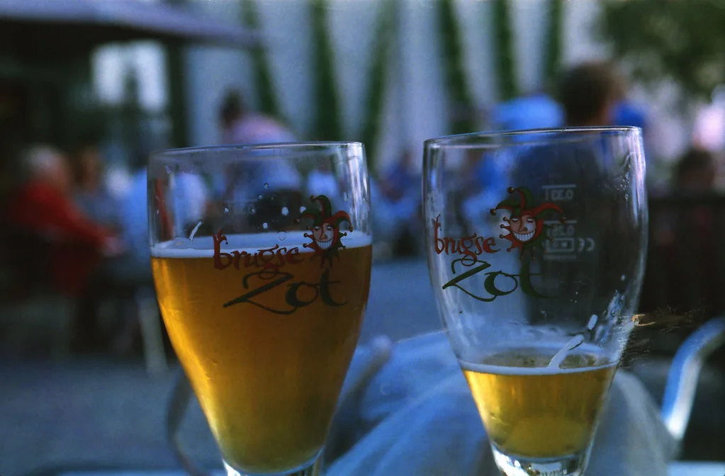 Glasses of Brugse Zot beer at the brewery in Bruges.