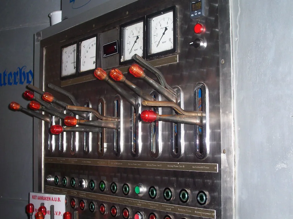 Brewhouse control panel seen on the De Halve Maan brewery tour in Bruges.