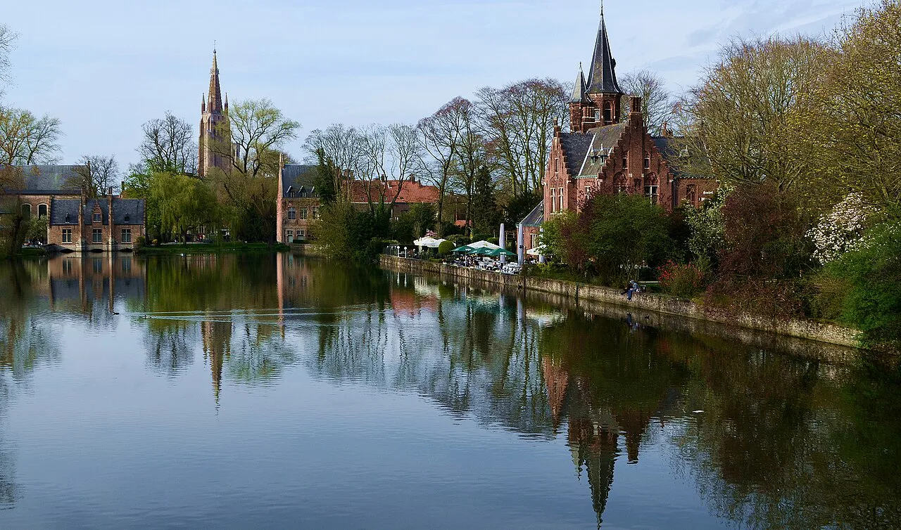 The Minnewater lake and its tree-lined banks, Bruges.