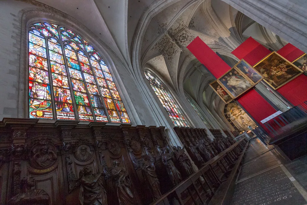 Stained glass inside the Cathedral of Our Lady, Antwerp.