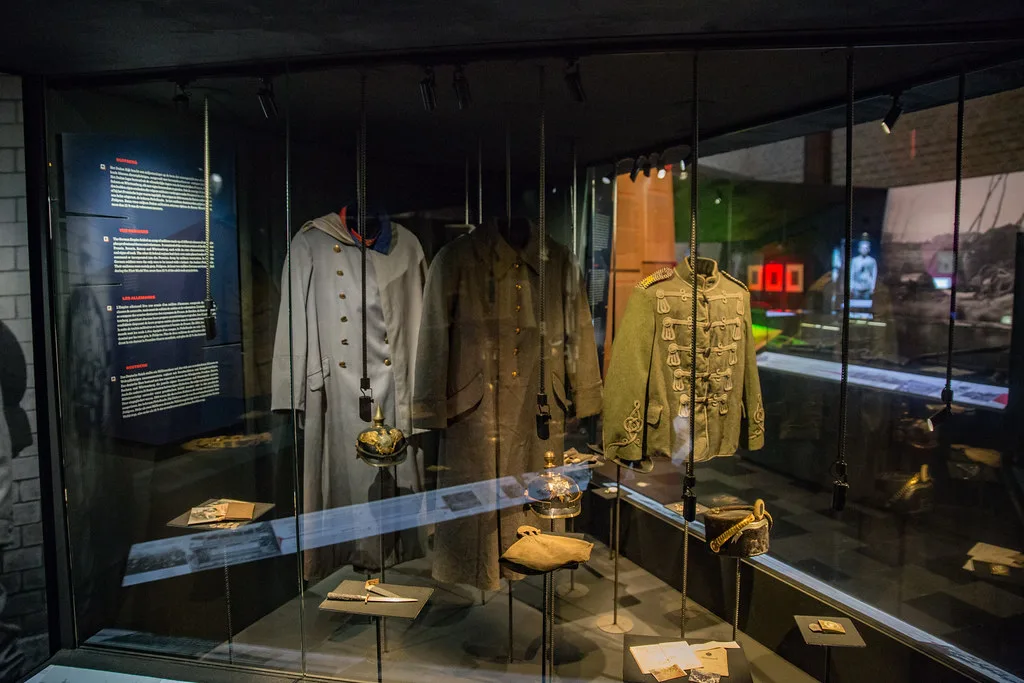 First World War uniforms on display in the In Flanders Fields Museum in Ypres.