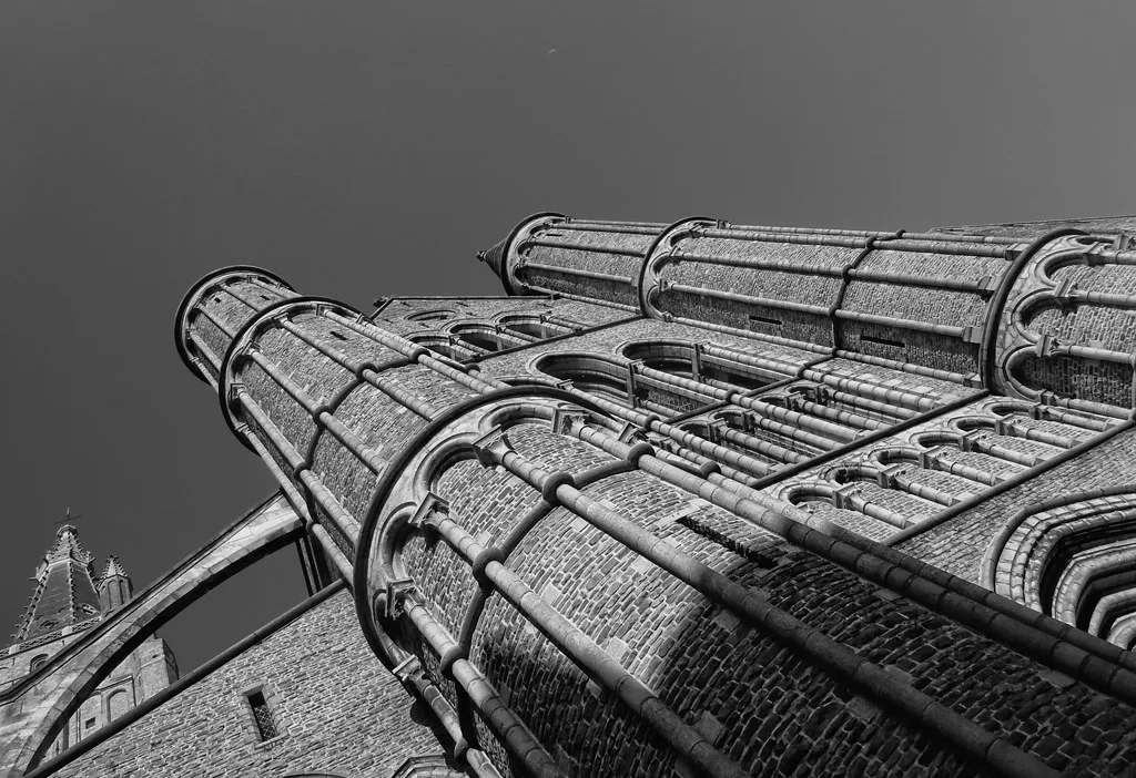 Gothic stonework of the Church of Our Lady, Bruges.