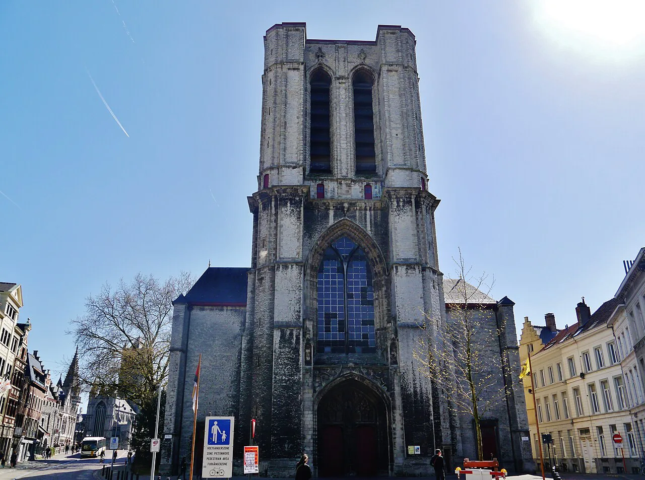 The west tower and facade of St Michael's Church, Ghent.
