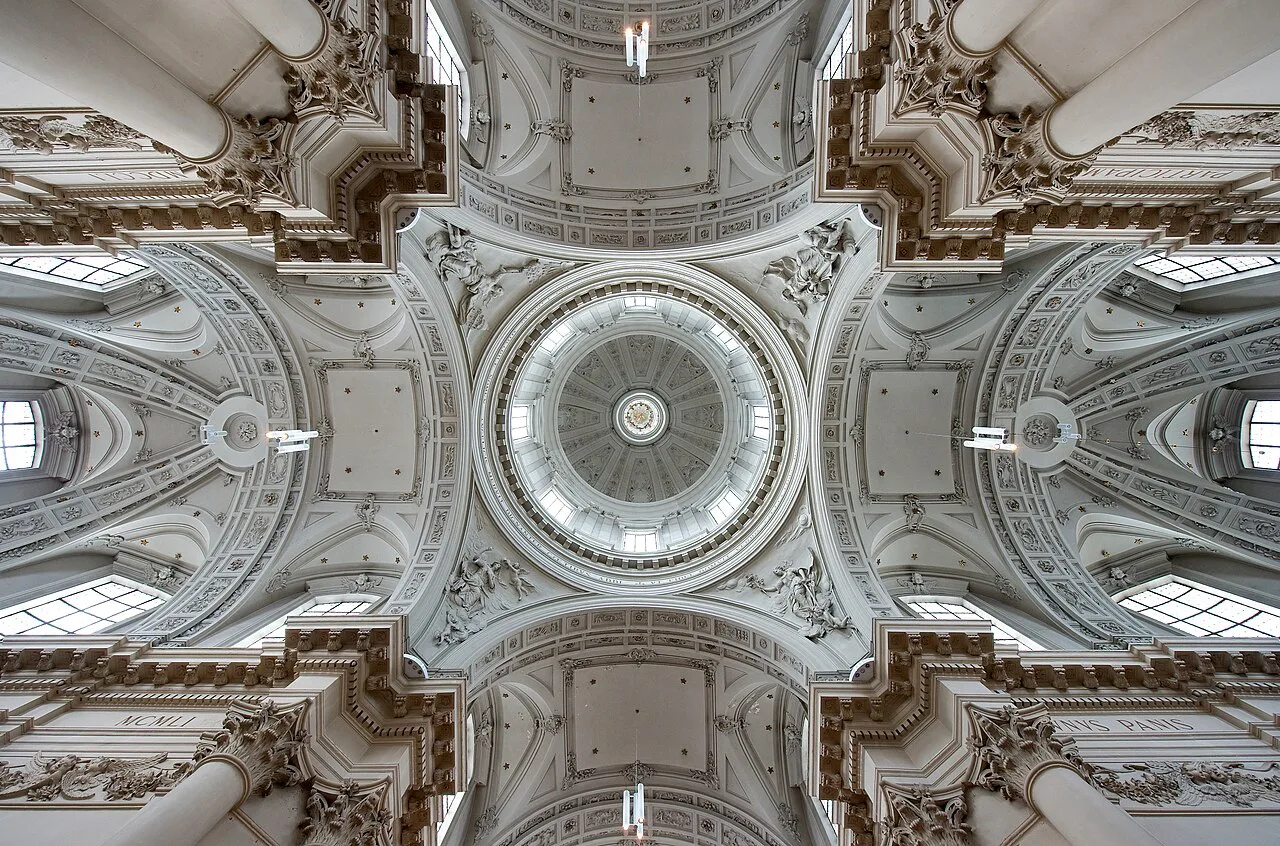 Looking up into the dome of St Aubin's Cathedral in Namur.