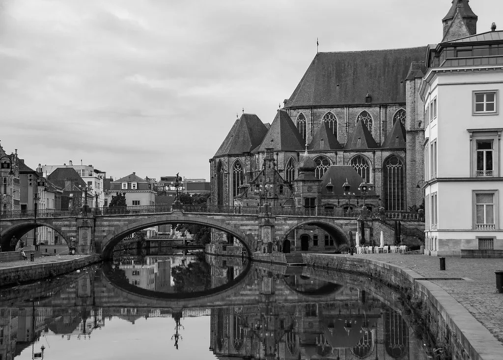 St Michael's Bridge and church over the Leie, Ghent.