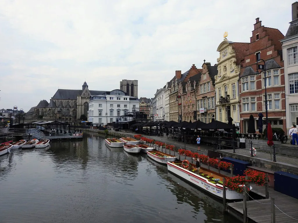 Boats on the River Leie seen from St Michael's Bridge, Ghent.