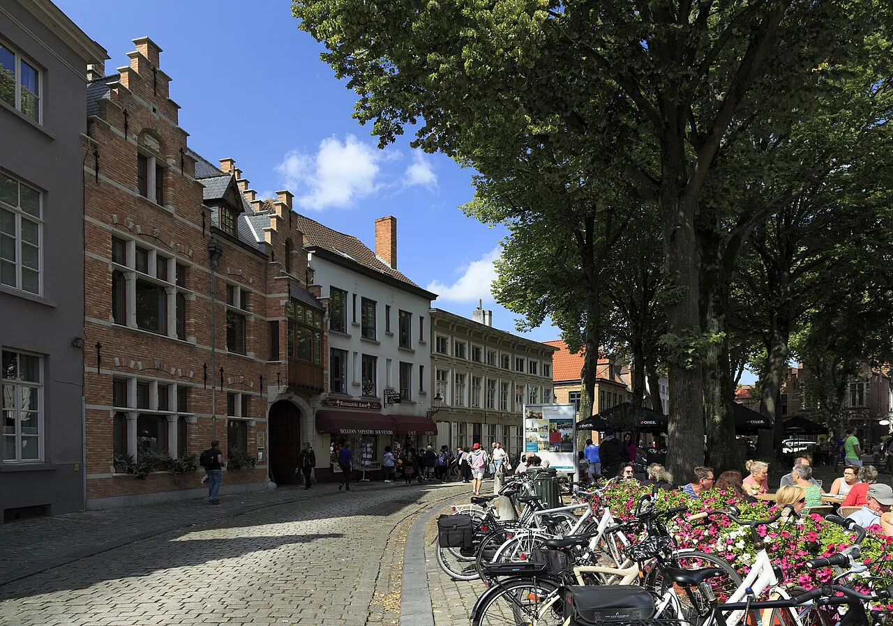 The Walplein, with the brick buildings of the De Halve Maan brewery on the left, Bruges.
