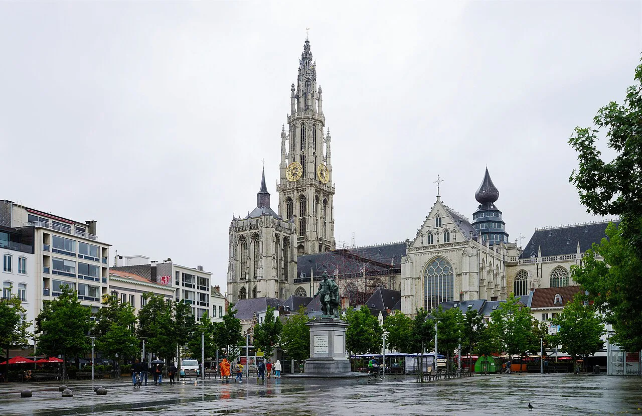 The Cathedral of Our Lady in Antwerp seen across the Groenplaats.