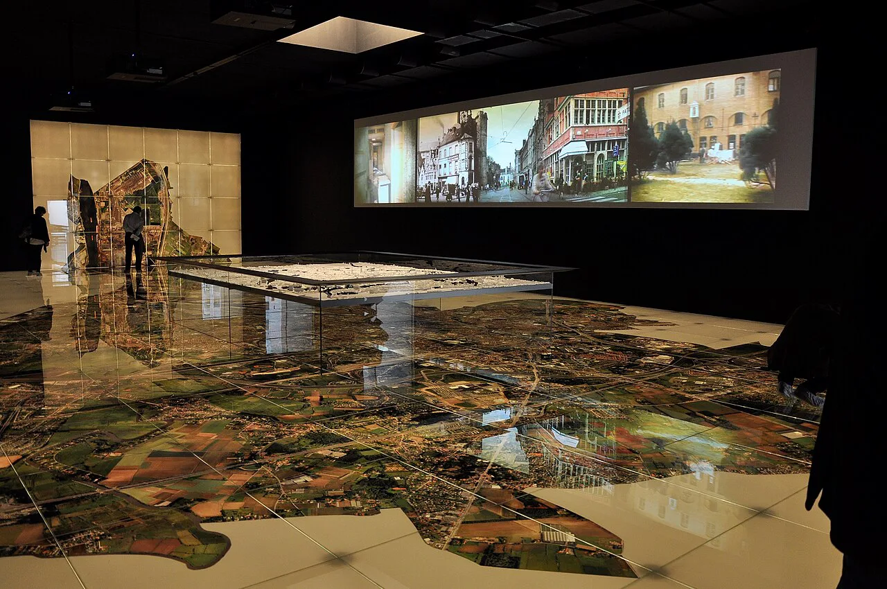 The walk-on aerial map of Ghent inside STAM, the Ghent City Museum.