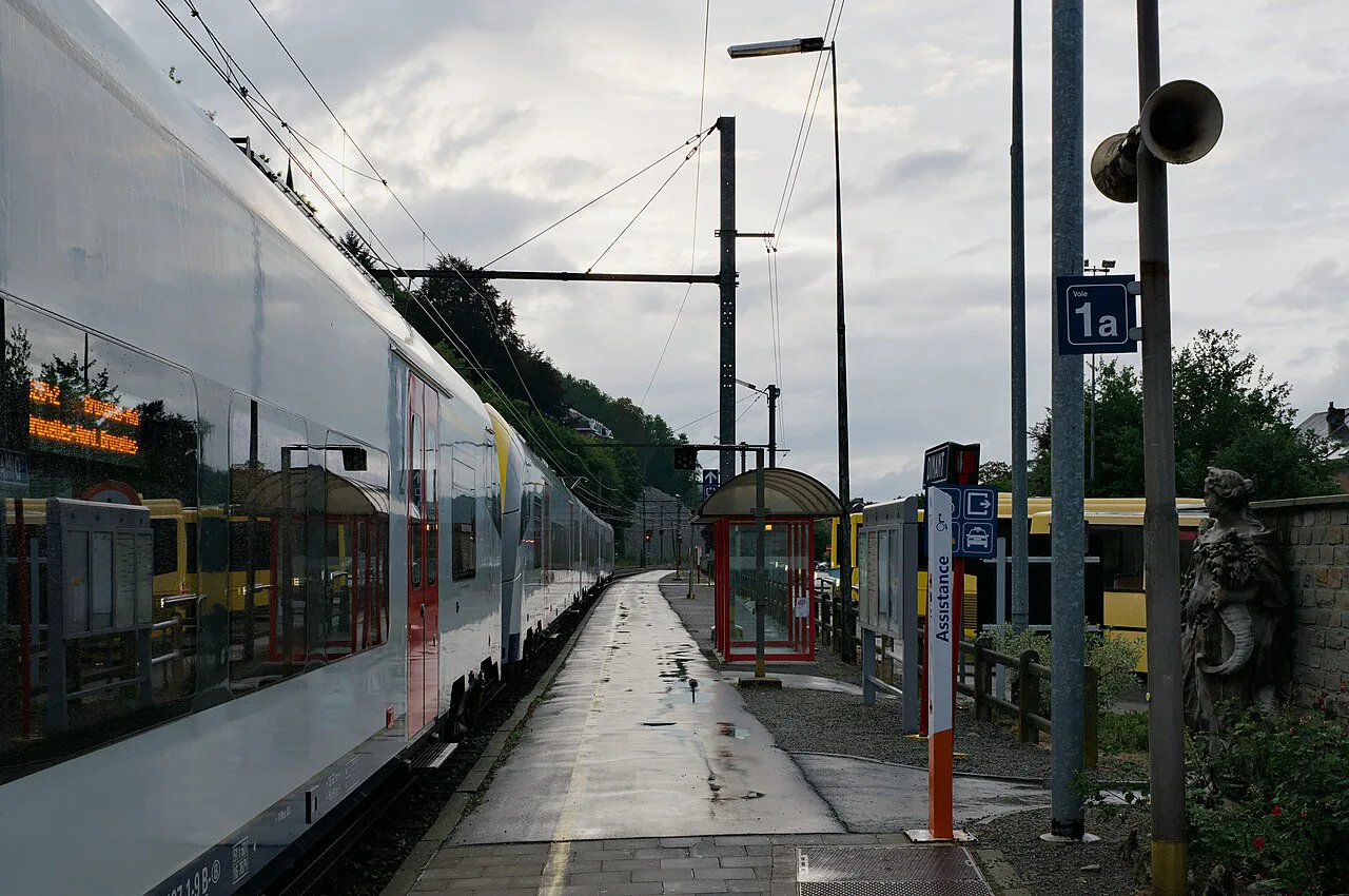 A train at platform one of Dinant railway station.