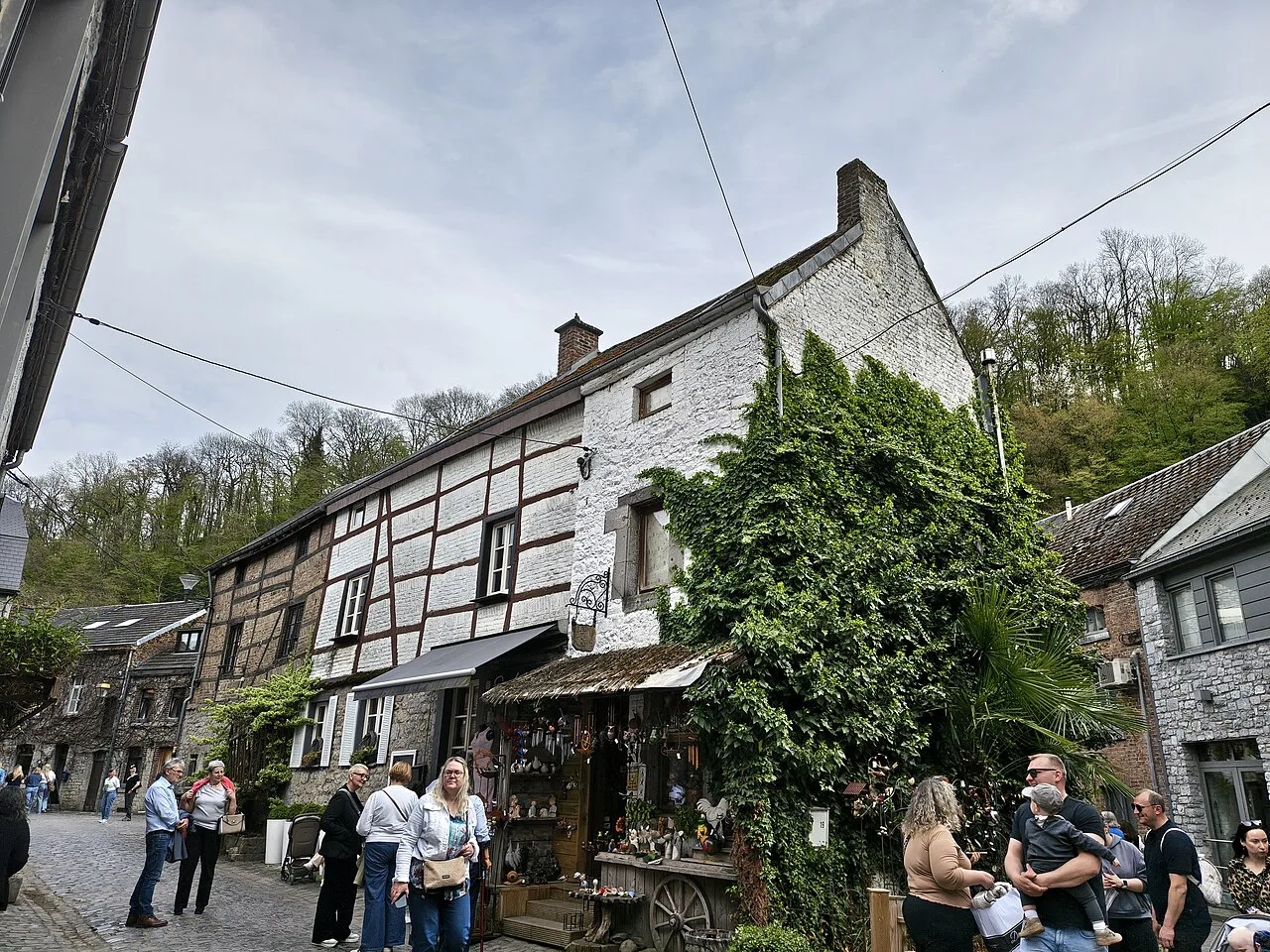 Old stone and half-timbered houses on a street in Durbuy.