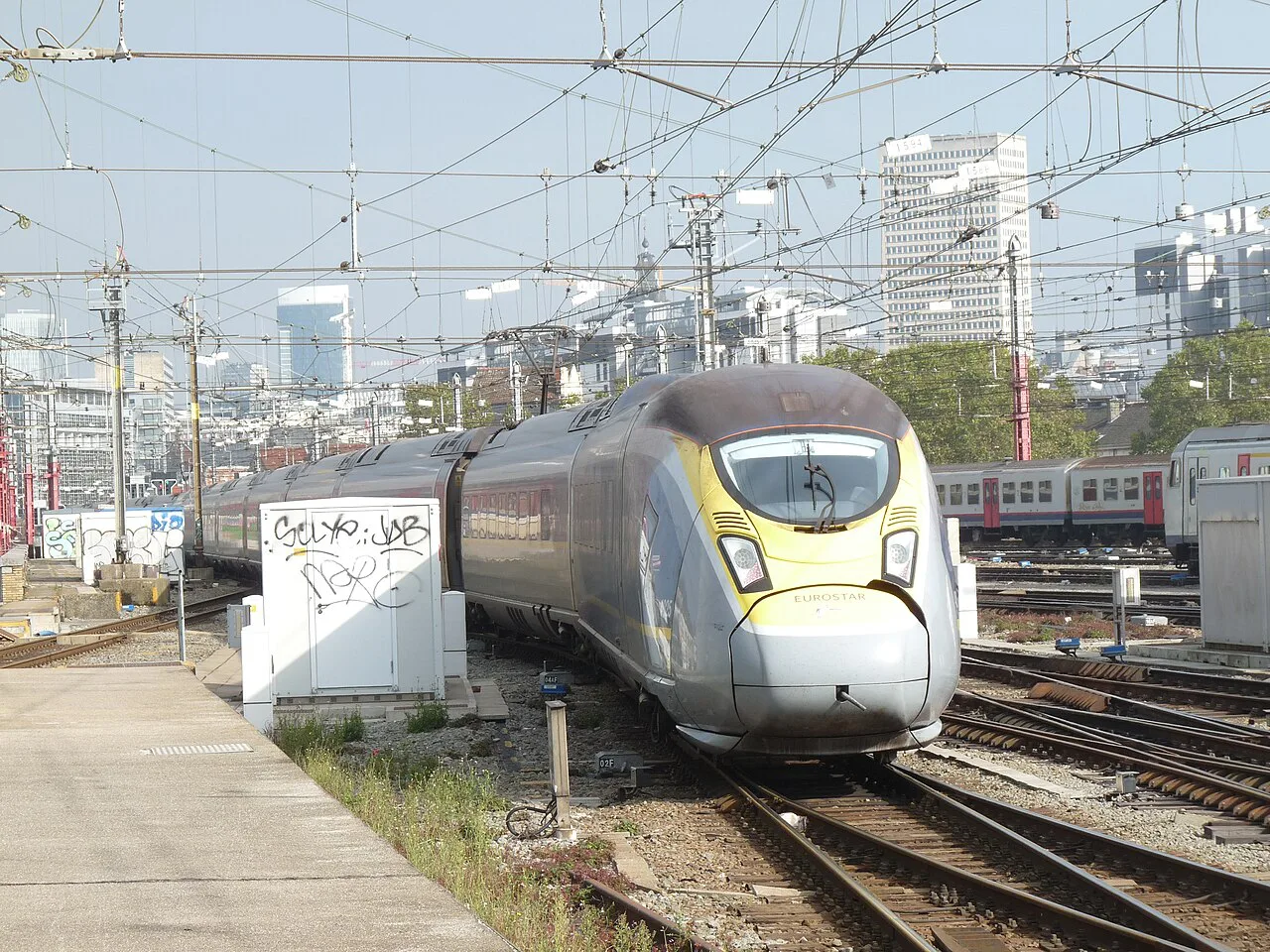 A Eurostar train arriving at Brussels-Midi station.