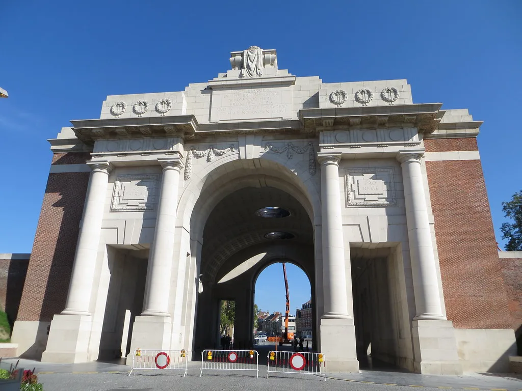 The Menin Gate memorial under a blue sky, Ypres.