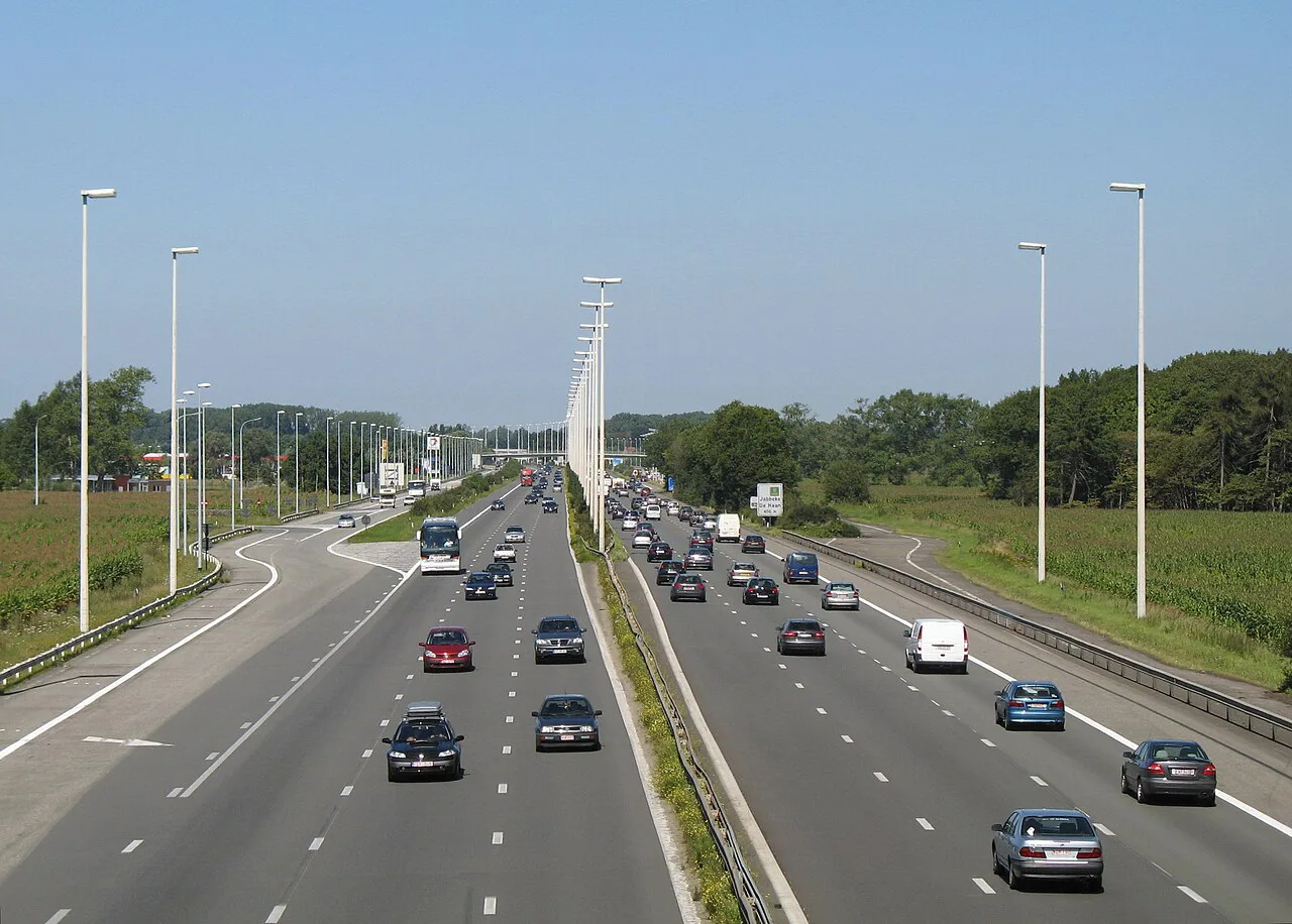 Traffic on the E40 motorway at Jabbeke in West Flanders.