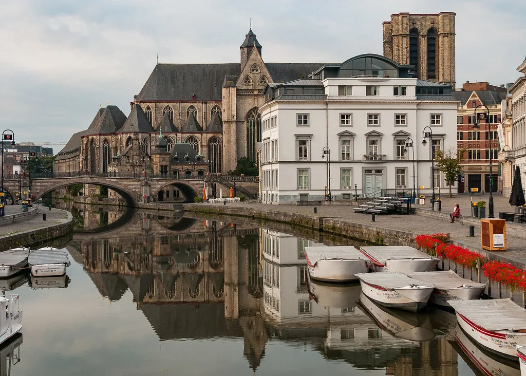 St Michael's Bridge and St Michael's Church reflected in the Leie in Ghent.