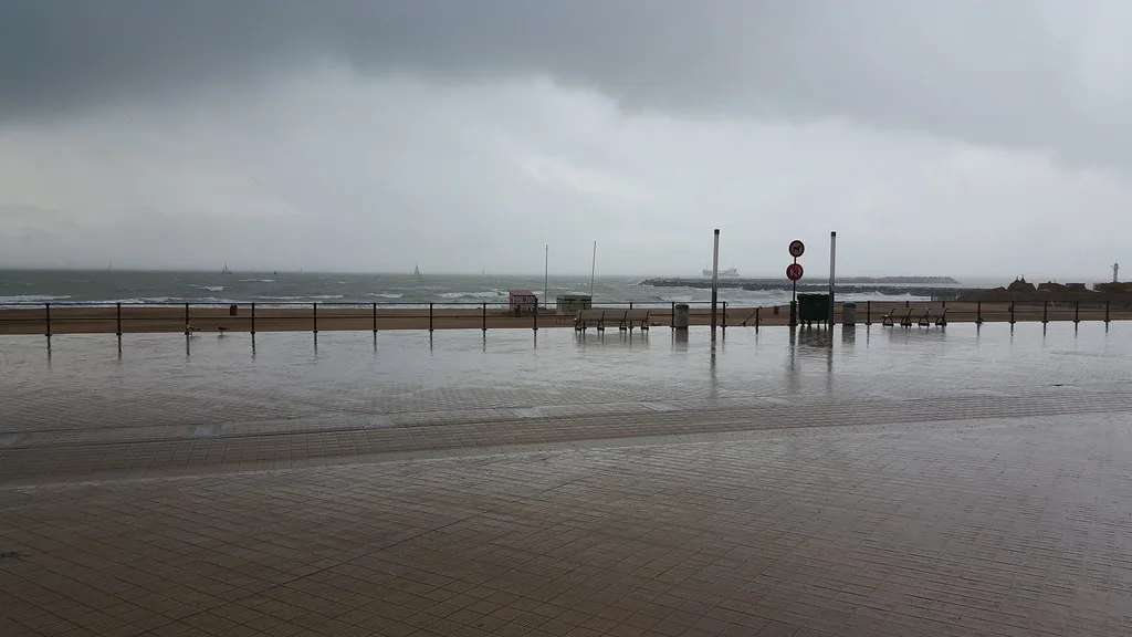 Rain over the seafront in Ostend.
